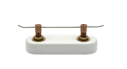 Ceramic fuse with copper terminals and brass nuts, featuring a thin wire for circuit protection against overcurrent in electrical systems