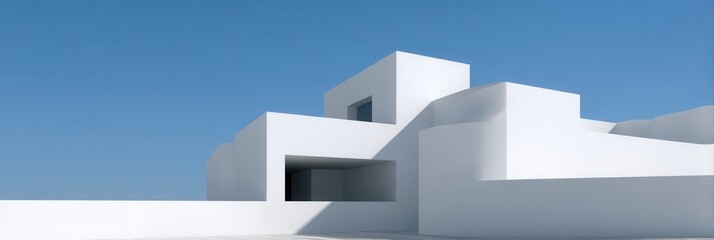 A striking example of modern minimalist architecture featuring white geometric shapes under a clear blue sky, ideal for design and architecture themes.