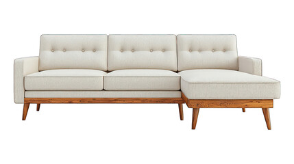 Three-section cream sofa with wood frame and angled legs, isolated on black