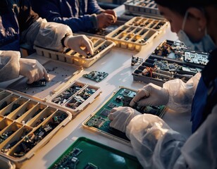 Workers Assembling Electronic Components in Modern Workshop Setting