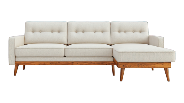 Three-section cream sofa with wood frame and angled legs, isolated on black