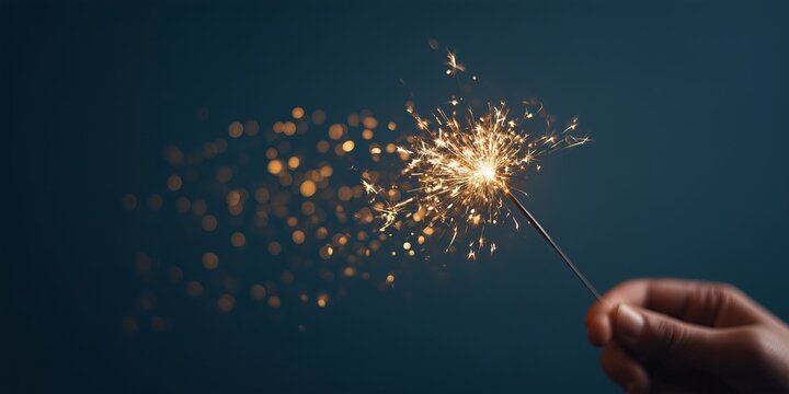Candid close-up studio shot, a hand holding a lit sparkler with golden sparks flying, against a smooth seamless midnight blue background. - Powered by Adobe