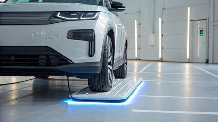 A sleek electric vehicle is parked over a charging pad, illuminated by blue lights, showcasing modern technology in a clean, minimalistic garage setting.