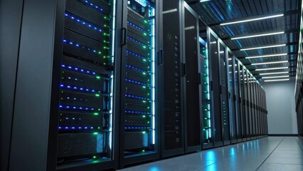 A dimly lit server room filled with racks of servers, illuminated by colorful LED lights, showcasing a high-tech data center environment.