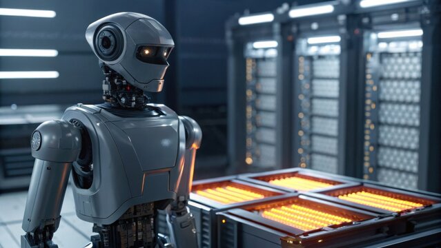 A futuristic robot stands in a high-tech facility, surrounded by illuminated equipment, showcasing advanced technology and automation.