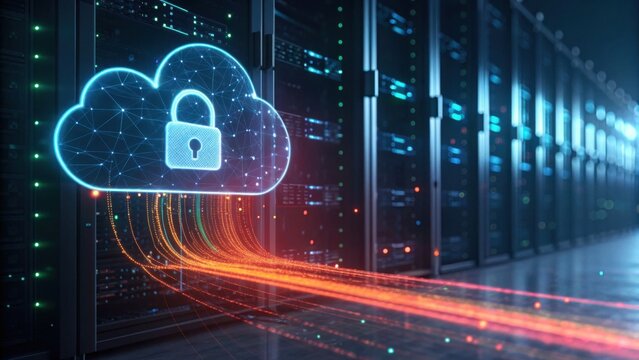 A digital illustration showcasing a secure cloud with a padlock, connected to server racks, symbolizing data protection and cloud computing.