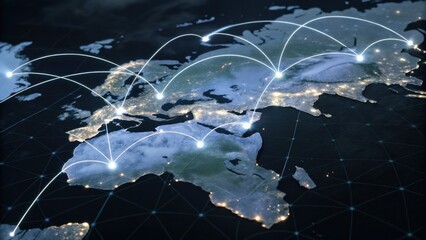 A digital map showcasing global connections, highlighting interconnected regions with illuminated lines and geographic features.