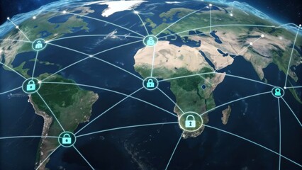 A digital representation of Earth with interconnected nodes, symbolizing global connectivity and cybersecurity through padlocks and network lines.