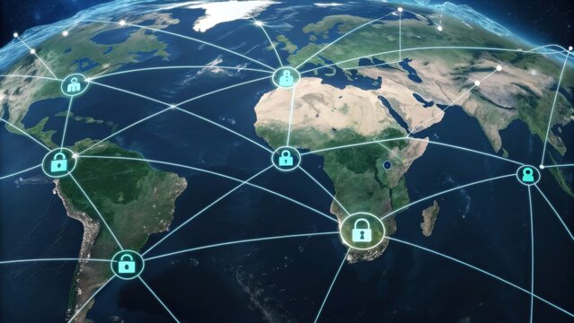 A digital representation of Earth with interconnected nodes, symbolizing global connectivity and cybersecurity through padlocks and network lines.