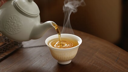 Pouring white teacup receiving amber tea on wooden tabletop, embossed teapot slatted tray steaming