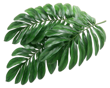 Two green palm fronds, overlapping, show tropical plant detail