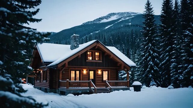 A cozy cabin surrounded by snow and mountains, great for winter scenes or travel shots