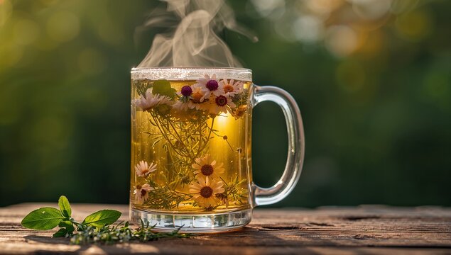 Steaming clear glass mug on wooden bench outdoors, showing drops, chamomile, herb sprigs, bokeh