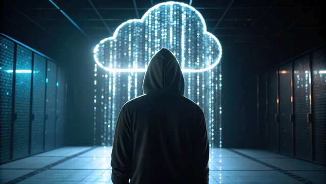 A figure wearing a hoodie stands before a glowing cloud, with cascading light representing data, in a dark, futuristic server room.