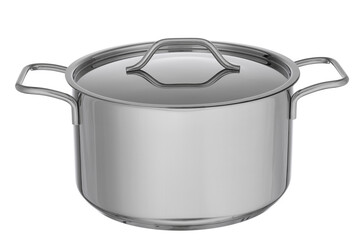 New stainless steel cooking pot with a lid, isolated on white background. Casserole or stockpot for preparing soup and stew. Professional kitchenware and cookware utensil for home and restaurant use.