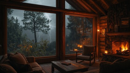 Glowing log-cabin living area at night showing lightning through 3-panel windows, with stone hearth
