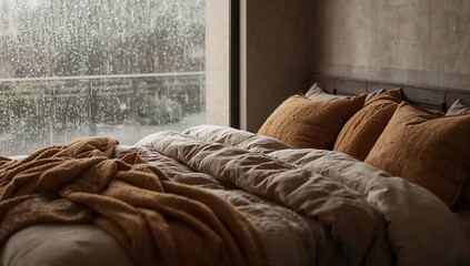 Showing unmade bed occupying center in cozy bedroom, with puffy duvet, rust pillows, rainy window