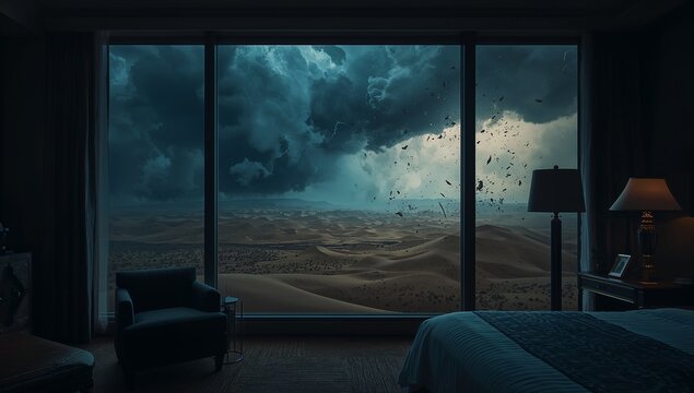 Framing panoramic window showing desert storm over dunes at bedroom suite, with bedside lamp - Powered by Adobe
