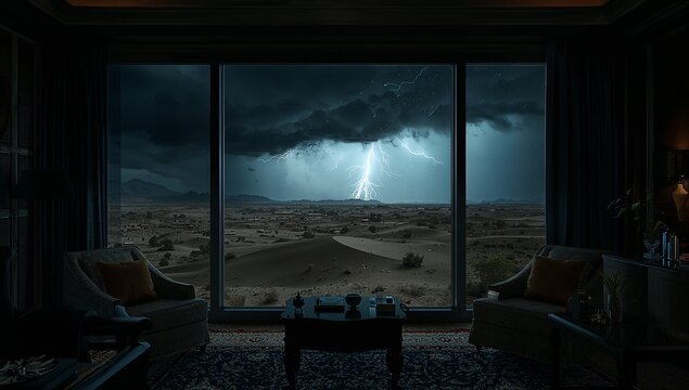 Showing central lightning bolt striking desert in panoramic glass window, revealing armchairs, lamp - Powered by Adobe