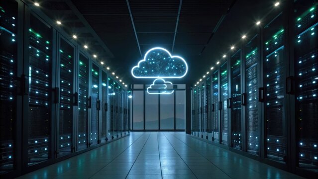 A futuristic server room illuminated by neon lights, featuring cloud graphics and rows of servers, evoking a sense of advanced technology and data storage.