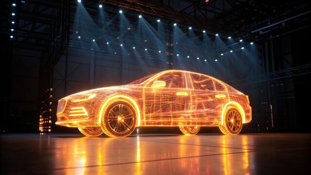 A glowing, wireframe car model illuminated against a dark backdrop, showcasing a futuristic design and technology.