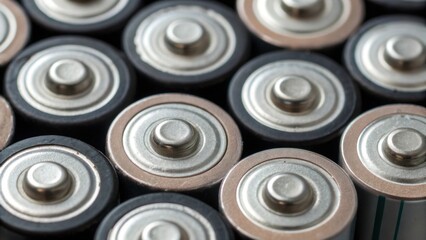Obraz premium A close-up view of various batteries arranged together, showcasing their metallic tops and cylindrical shapes, highlighting their importance in powering devices.