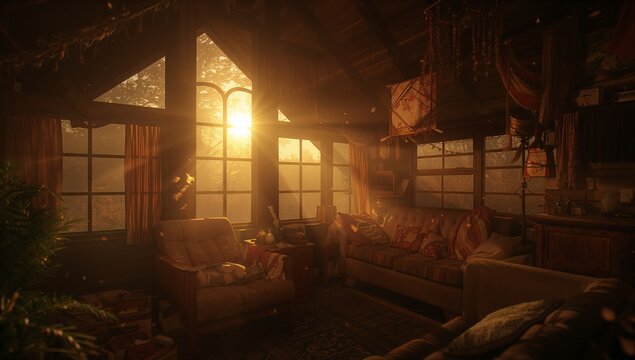 Pouring sunlight through tall window, bathing cabin living room armchair, sofa, coffee table