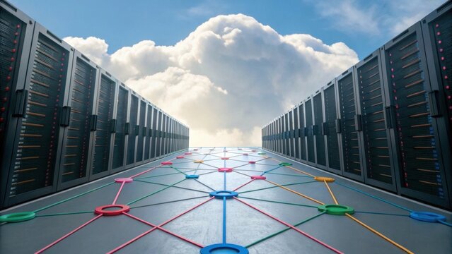 A futuristic data center with rows of servers leading to a bright sky, connected by colorful network lines, symbolizing cloud computing.