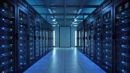A high-tech server room featuring rows of servers with glowing blue lights, showcasing a modern data center environment.