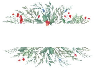 Watercolor Christmas frame. Holiday background. Hand drawn border. Botanical illustration.  Vector EPS.