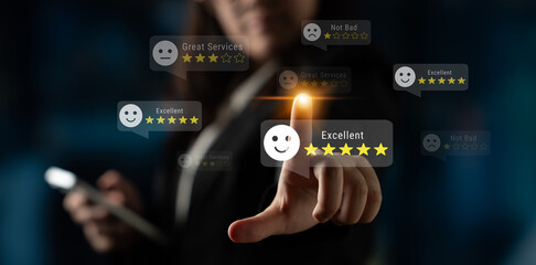 Customer satisfaction feedback levels with five-star ratings, representing positive and negative reviews, reflecting trust, reliability, and service evaluation Parse