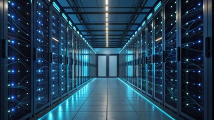 A high-tech server room featuring rows of servers with glowing lights, highlighting a modern data center environment.
