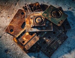 Pile of Rusty Metal Plates and Miscellaneous Scrap on Ground