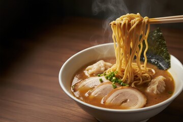 Steaming bowl of Japanese ramen with chashu pork, noodles lifted by chopsticks, rich broth, dumplings, green onions, and nori on a wooden table.
