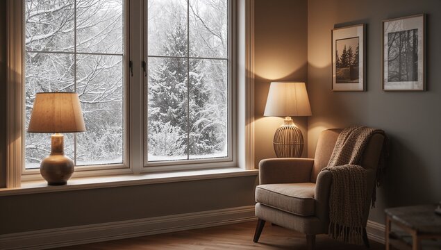 Showing armchair sitting beside large window in home with knit throw and two lamps, copy space - Powered by Adobe