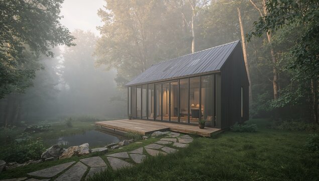 Sitting modern cabin with tall glass wall on wooden deck beside misty pond, showing sofa - Powered by Adobe