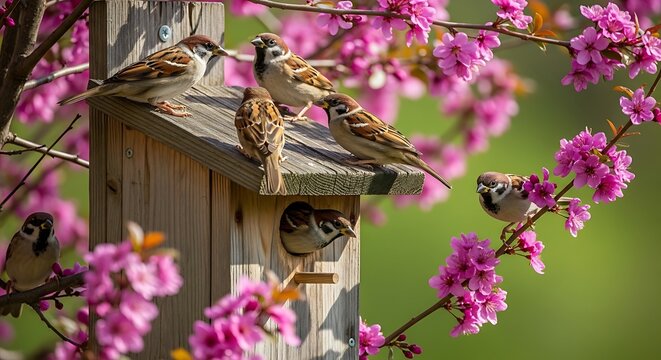 House sparrows nesting in birdhouse surrounded by blooming redbud tree in spring