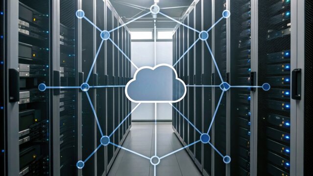 A high-tech data center featuring server racks and a cloud computing visualization, symbolizing modern digital connectivity.