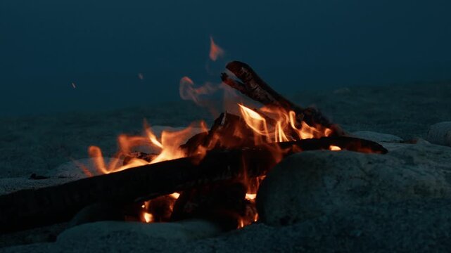 Wood Burning In A Bonfire On The Beach 