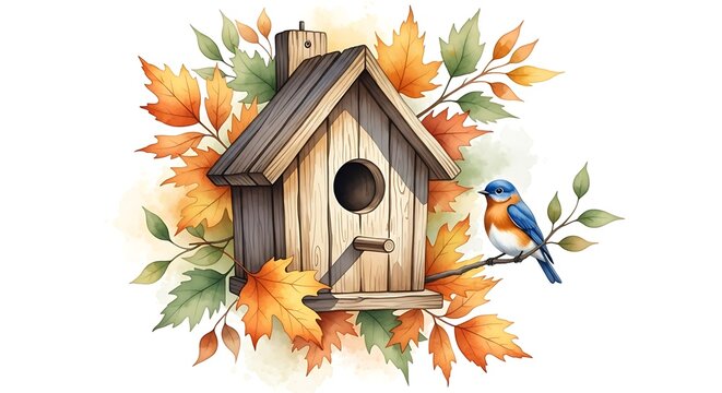 Watercolor birdhouse with bluebird and autumn leaves illustration on white - Powered by Adobe