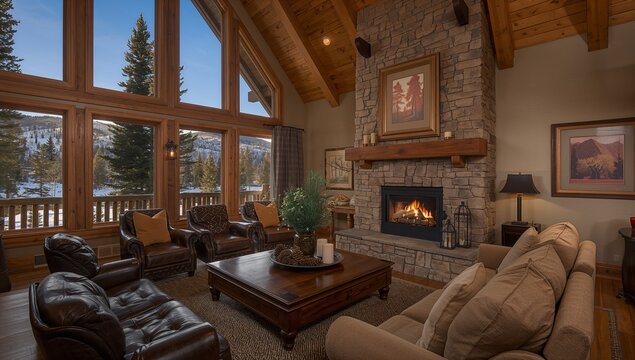 Roaring stone fireplace warming mountain-lodge living room, with large windows and sofa