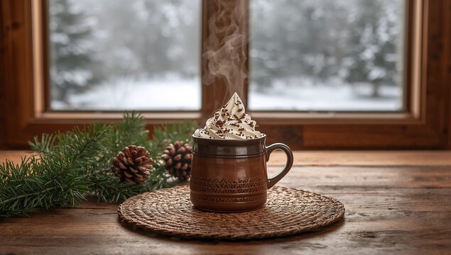 Sitting brown ceramic mug steaming on placemat at window, with whipped cream and chocolate shavings