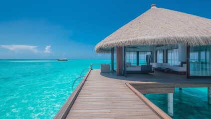 Showing overwater villa with thatched roof and pier extending over turquoise lagoon, steel ladder