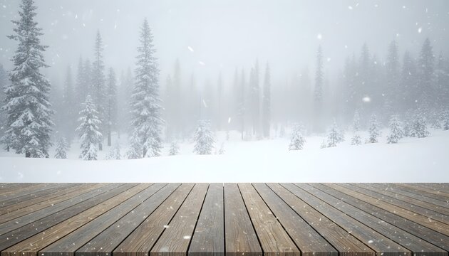 Wooden deck in a snowy forest with falling snow