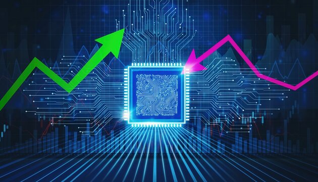 Digital Chip with Upward and Downward Trend Arrows on Circuit Board Background.