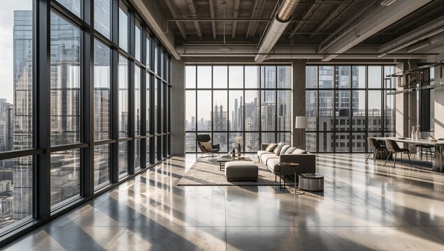 Casting sunlight bathing open-plan high-rise loft living area, with sectional sofa and skyline view - Powered by Adobe