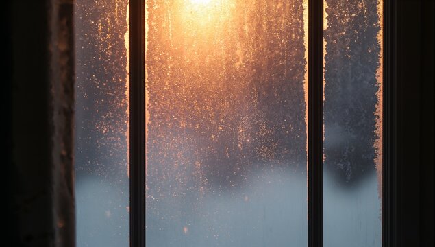 Glowing window panes with frost and condensation scattering sunrise light at home, muntins, curtain