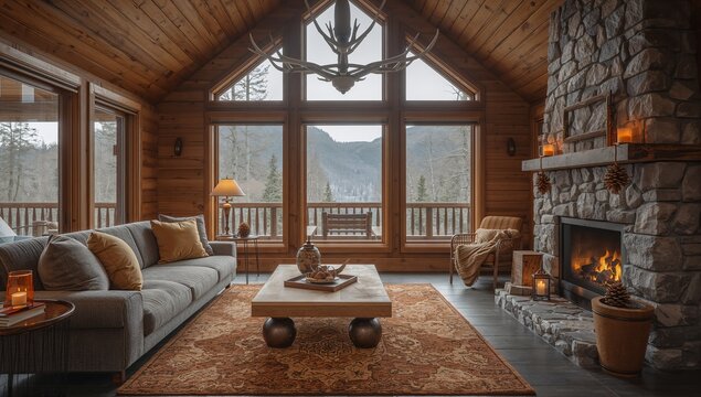 Showcasing central seating area in mountain cabin with gray sofa, mustard pillows, stone fireplace