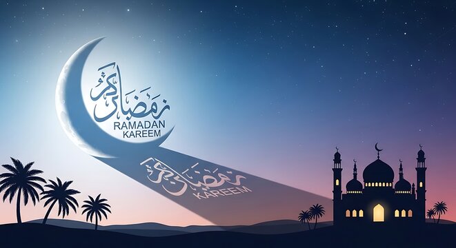 Ramadan kareem illustration crescent moon and silhouette mosque imagery