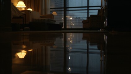 Fototapeta premium Casting glow, table lamps reflecting across polished floor at glass windows with city lights